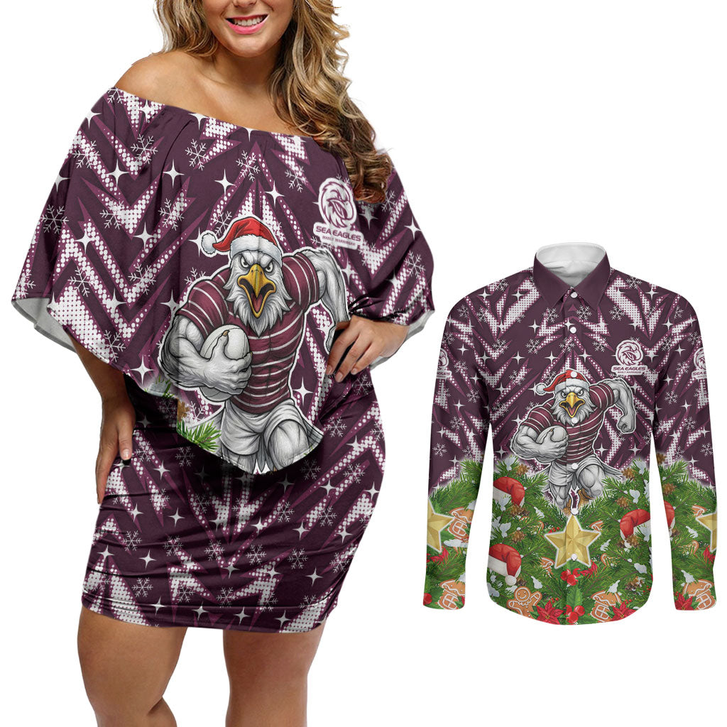 Personalised Sea Eagles Rugby Christmas Couples Matching Off Shoulder Short Dress and Long Sleeve Button Shirt Santa Rugby Mascot - Pine Wreath Festive