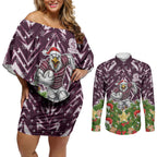 Personalised Sea Eagles Rugby Christmas Couples Matching Off Shoulder Short Dress and Long Sleeve Button Shirt Santa Rugby Mascot - Pine Wreath Festive