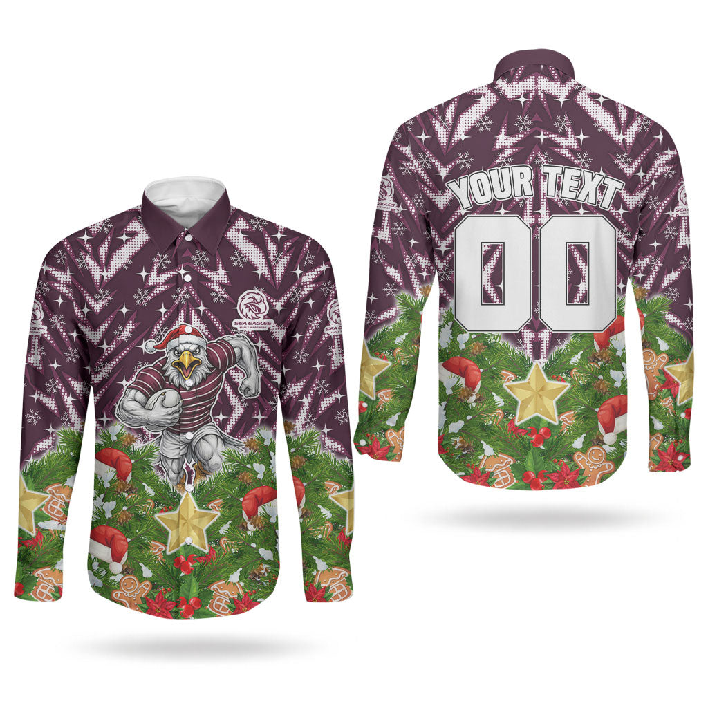 Personalised Sea Eagles Rugby Christmas Couples Matching Off Shoulder Short Dress and Long Sleeve Button Shirt Santa Rugby Mascot - Pine Wreath Festive