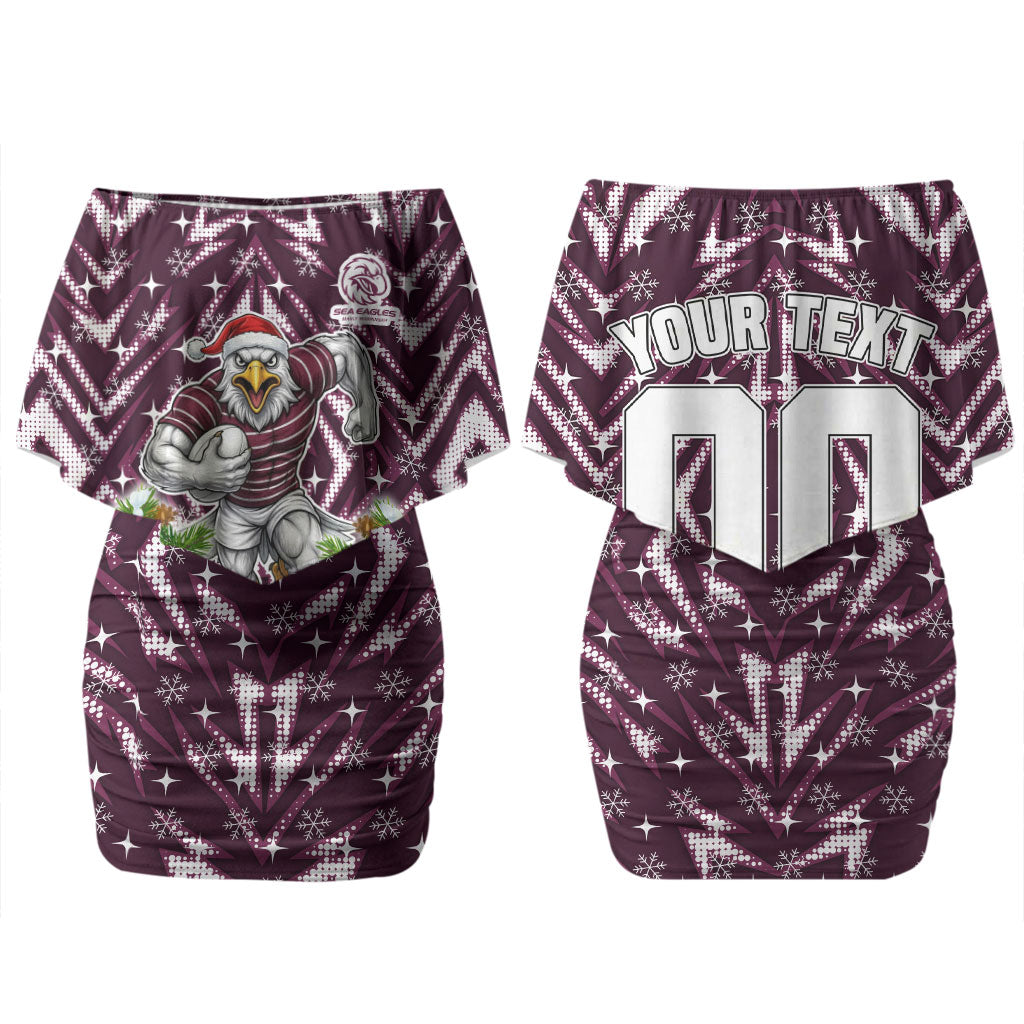 Personalised Sea Eagles Rugby Christmas Couples Matching Off Shoulder Short Dress and Long Sleeve Button Shirt Santa Rugby Mascot - Pine Wreath Festive