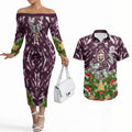 Personalised Sea Eagles Rugby Christmas Couples Matching Off The Shoulder Long Sleeve Dress and Hawaiian Shirt Santa Rugby Mascot - Pine Wreath Festive
