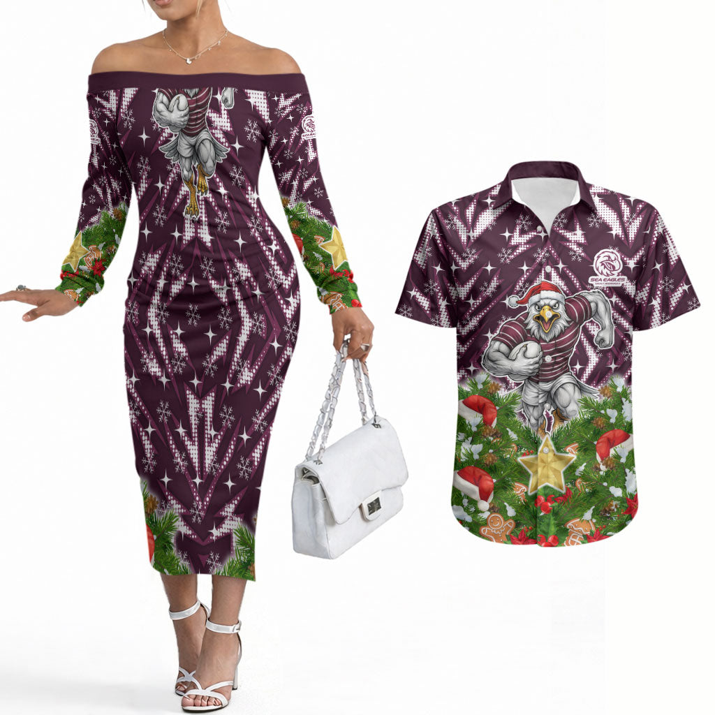 Personalised Sea Eagles Rugby Christmas Couples Matching Off The Shoulder Long Sleeve Dress and Hawaiian Shirt Santa Rugby Mascot - Pine Wreath Festive