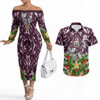 Personalised Sea Eagles Rugby Christmas Couples Matching Off The Shoulder Long Sleeve Dress and Hawaiian Shirt Santa Rugby Mascot - Pine Wreath Festive