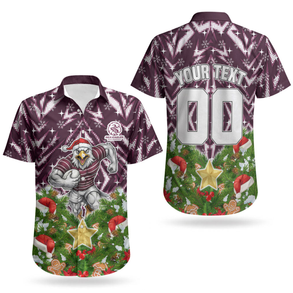 Personalised Sea Eagles Rugby Christmas Couples Matching Off The Shoulder Long Sleeve Dress and Hawaiian Shirt Santa Rugby Mascot - Pine Wreath Festive