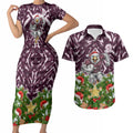 Personalised Sea Eagles Rugby Christmas Couples Matching Short Sleeve Bodycon Dress and Hawaiian Shirt Santa Rugby Mascot - Pine Wreath Festive