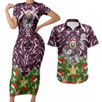 Personalised Sea Eagles Rugby Christmas Couples Matching Short Sleeve Bodycon Dress and Hawaiian Shirt Santa Rugby Mascot - Pine Wreath Festive