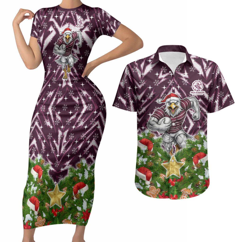 Personalised Sea Eagles Rugby Christmas Couples Matching Short Sleeve Bodycon Dress and Hawaiian Shirt Santa Rugby Mascot - Pine Wreath Festive