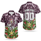 Personalised Sea Eagles Rugby Christmas Couples Matching Short Sleeve Bodycon Dress and Hawaiian Shirt Santa Rugby Mascot - Pine Wreath Festive