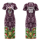 Personalised Sea Eagles Rugby Christmas Couples Matching Short Sleeve Bodycon Dress and Hawaiian Shirt Santa Rugby Mascot - Pine Wreath Festive