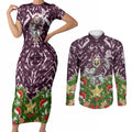 Personalised Sea Eagles Rugby Christmas Couples Matching Short Sleeve Bodycon Dress and Long Sleeve Button Shirt Santa Rugby Mascot - Pine Wreath Festive