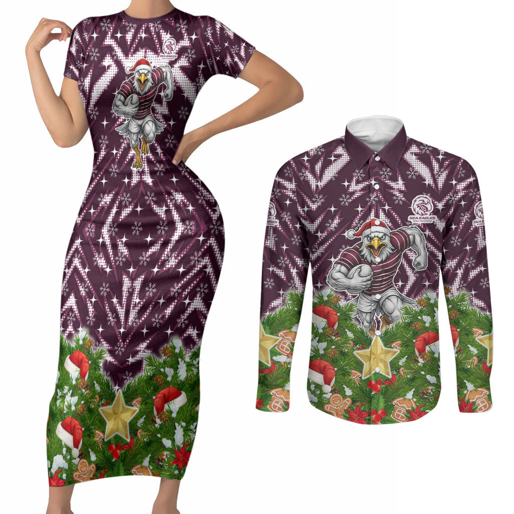 Personalised Sea Eagles Rugby Christmas Couples Matching Short Sleeve Bodycon Dress and Long Sleeve Button Shirt Santa Rugby Mascot - Pine Wreath Festive