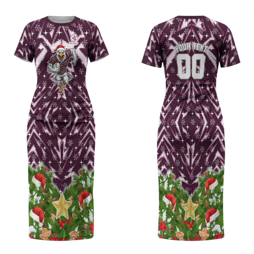 Personalised Sea Eagles Rugby Christmas Couples Matching Short Sleeve Bodycon Dress and Long Sleeve Button Shirt Santa Rugby Mascot - Pine Wreath Festive