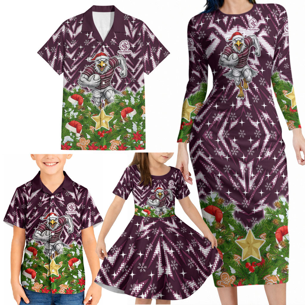 Personalised Sea Eagles Rugby Christmas Family Matching Long Sleeve Bodycon Dress and Hawaiian Shirt Santa Rugby Mascot - Pine Wreath Festive