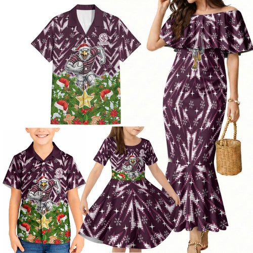 Personalised Sea Eagles Rugby Christmas Family Matching Mermaid Dress and Hawaiian Shirt Santa Rugby Mascot - Pine Wreath Festive