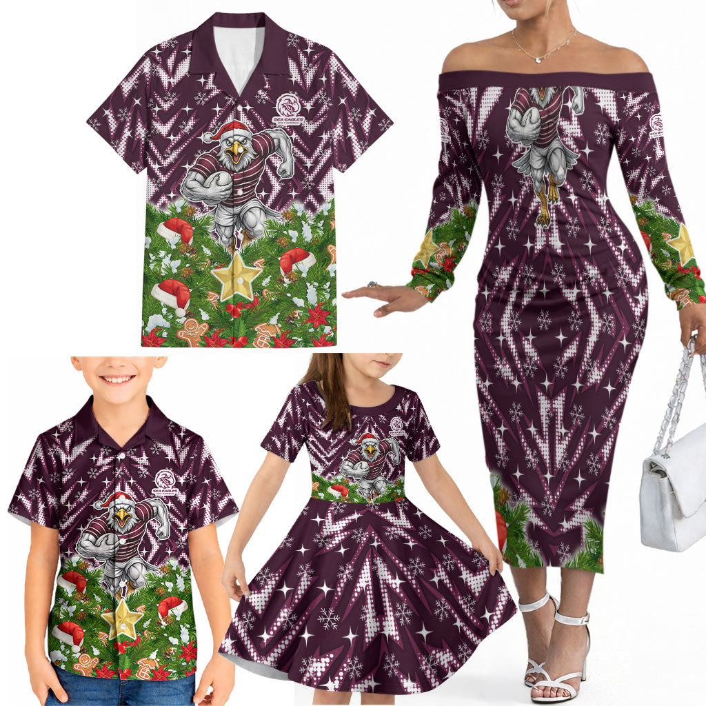 Personalised Sea Eagles Rugby Christmas Family Matching Off The Shoulder Long Sleeve Dress and Hawaiian Shirt Santa Rugby Mascot - Pine Wreath Festive