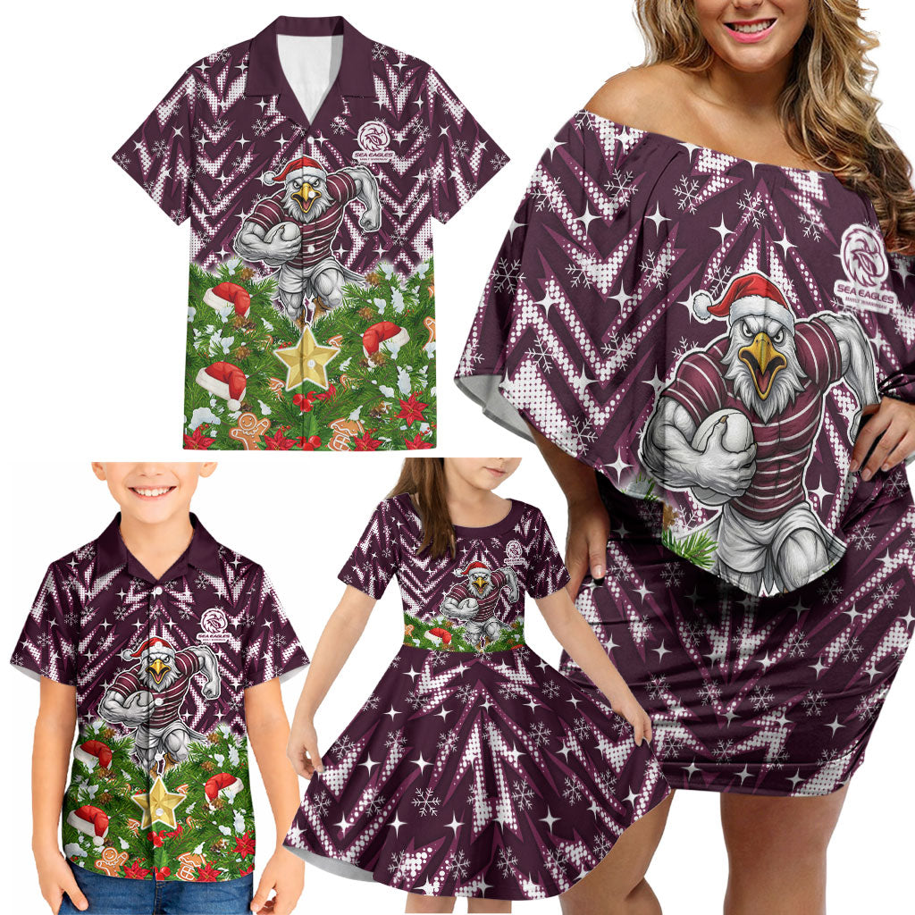 Personalised Sea Eagles Rugby Christmas Family Matching Off Shoulder Short Dress and Hawaiian Shirt Santa Rugby Mascot - Pine Wreath Festive