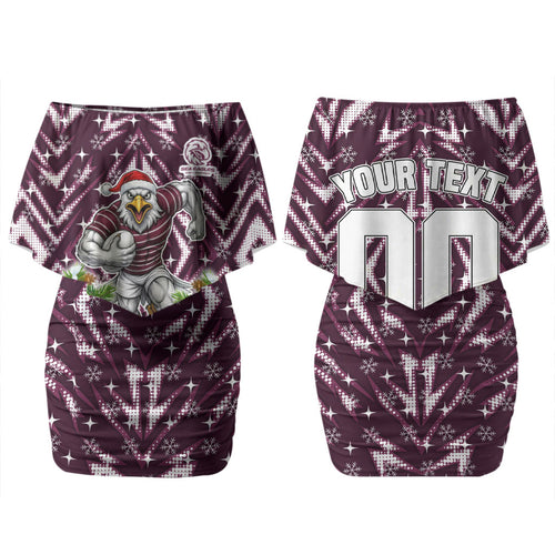 Personalised Sea Eagles Rugby Christmas Family Matching Off Shoulder Short Dress and Hawaiian Shirt Santa Rugby Mascot - Pine Wreath Festive