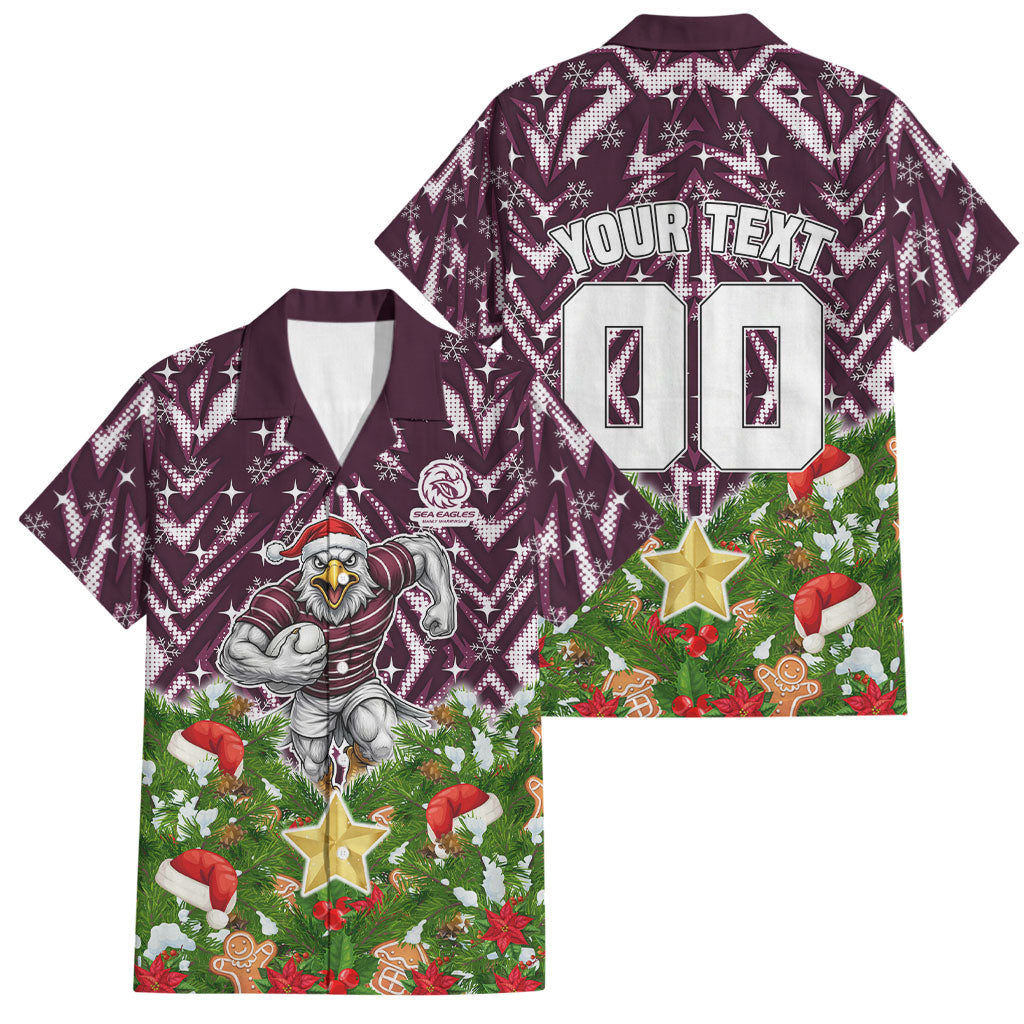 Personalised Sea Eagles Rugby Christmas Family Matching Off Shoulder Short Dress and Hawaiian Shirt Santa Rugby Mascot - Pine Wreath Festive
