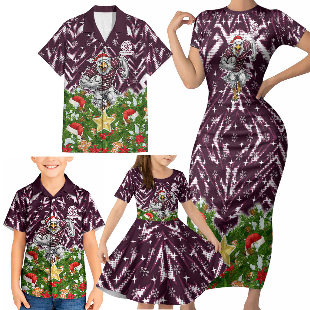 Personalised Sea Eagles Rugby Christmas Family Matching Short Sleeve Bodycon Dress and Hawaiian Shirt Santa Rugby Mascot - Pine Wreath Festive