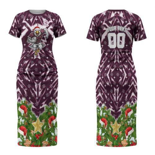 Personalised Sea Eagles Rugby Christmas Family Matching Short Sleeve Bodycon Dress and Hawaiian Shirt Santa Rugby Mascot - Pine Wreath Festive