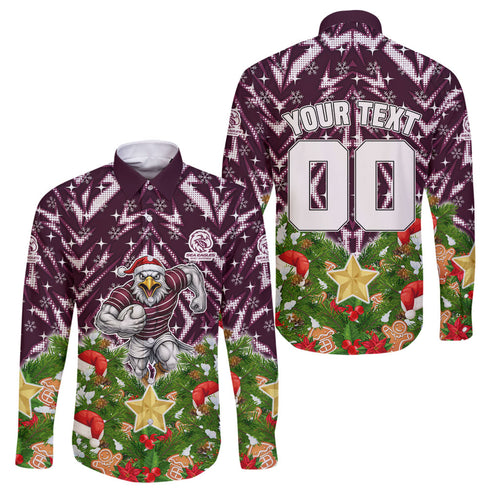Personalised Sea Eagles Rugby Christmas Family Matching Short Sleeve Bodycon Dress and Hawaiian Shirt Santa Rugby Mascot - Pine Wreath Festive