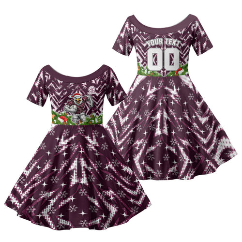 Personalised Sea Eagles Rugby Christmas Family Matching Short Sleeve Bodycon Dress and Hawaiian Shirt Santa Rugby Mascot - Pine Wreath Festive