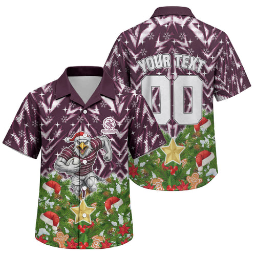 Personalised Sea Eagles Rugby Christmas Family Matching Short Sleeve Bodycon Dress and Hawaiian Shirt Santa Rugby Mascot - Pine Wreath Festive