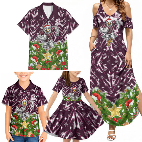 Personalised Sea Eagles Rugby Christmas Family Matching Summer Maxi Dress and Hawaiian Shirt Santa Rugby Mascot - Pine Wreath Festive