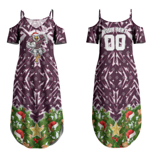 Personalised Sea Eagles Rugby Christmas Family Matching Summer Maxi Dress and Hawaiian Shirt Santa Rugby Mascot - Pine Wreath Festive