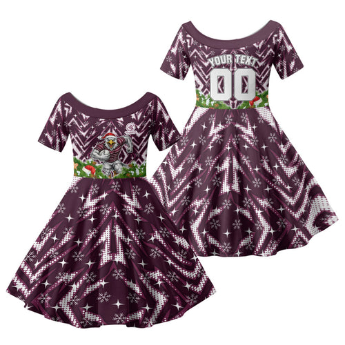 Personalised Sea Eagles Rugby Christmas Family Matching Tank Maxi Dress and Hawaiian Shirt Santa Rugby Mascot - Pine Wreath Festive
