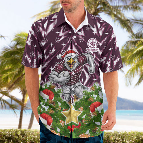 Personalised Sea Eagles Rugby Christmas Hawaiian Shirt Santa Rugby Mascot - Pine Wreath Festive