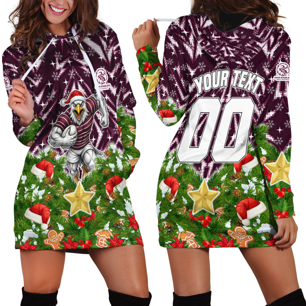 Personalised Sea Eagles Rugby Christmas Hoodie Dress Santa Rugby Mascot - Pine Wreath Festive