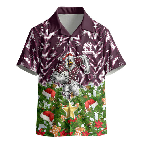 Personalised Sea Eagles Rugby Christmas Kid Hawaiian Shirt Santa Rugby Mascot - Pine Wreath Festive