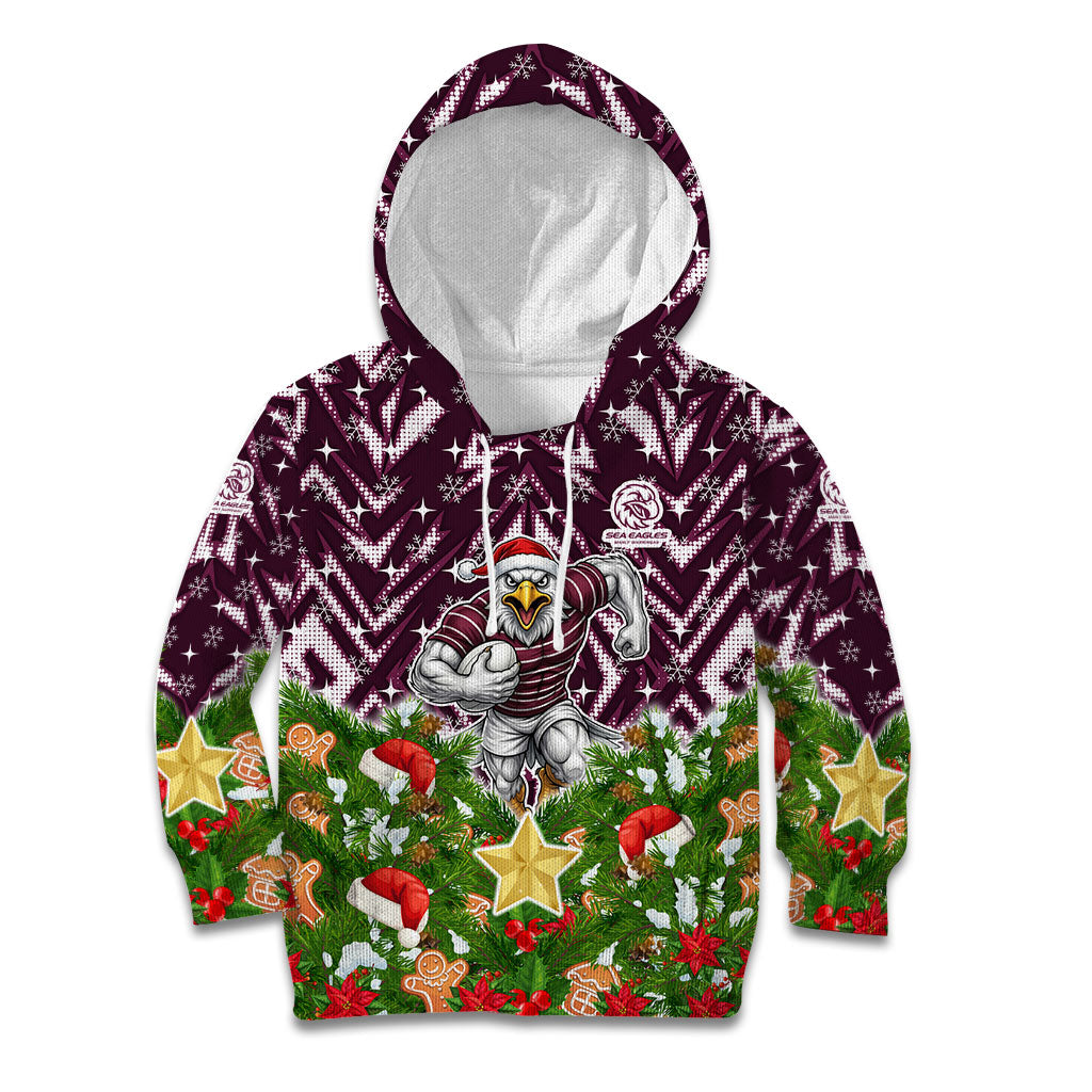 Personalised Sea Eagles Rugby Christmas Kid Hoodie Santa Rugby Mascot - Pine Wreath Festive