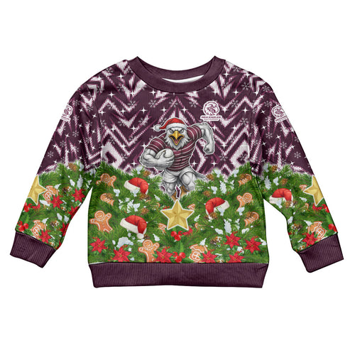 Personalised Sea Eagles Rugby Christmas Kid Ugly Christmas Sweater Santa Rugby Mascot - Pine Wreath Festive