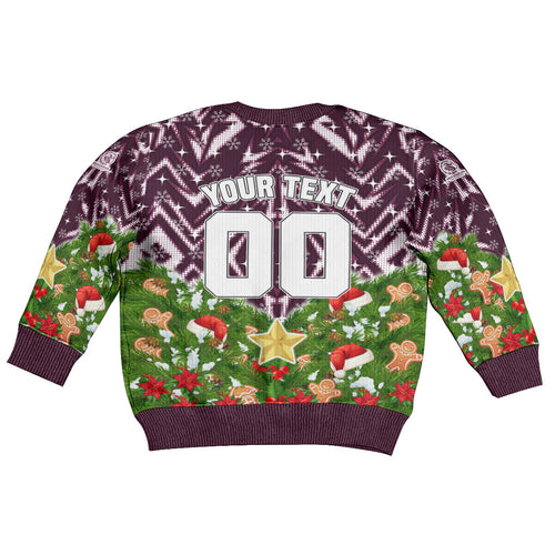 Personalised Sea Eagles Rugby Christmas Kid Ugly Christmas Sweater Santa Rugby Mascot - Pine Wreath Festive