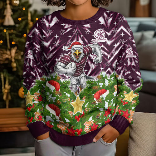 Personalised Sea Eagles Rugby Christmas Kid Ugly Christmas Sweater Santa Rugby Mascot - Pine Wreath Festive