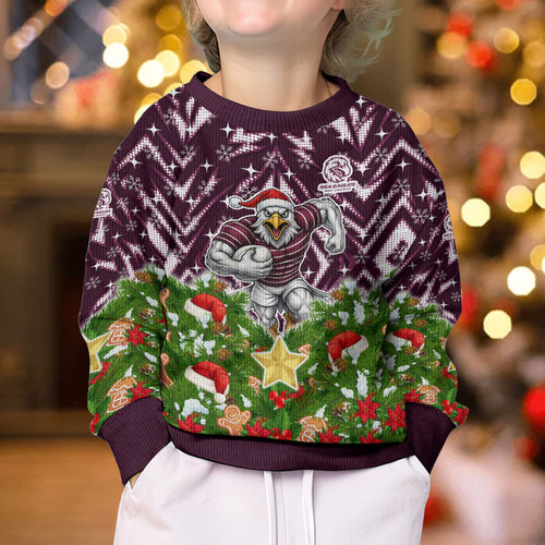 Personalised Sea Eagles Rugby Christmas Kid Ugly Christmas Sweater Santa Rugby Mascot - Pine Wreath Festive