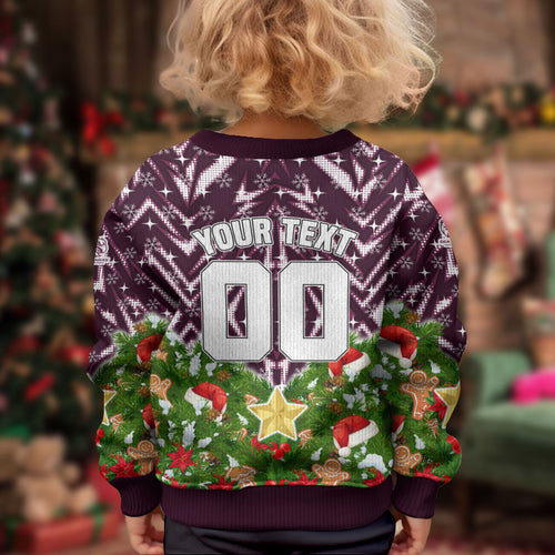 Personalised Sea Eagles Rugby Christmas Kid Ugly Christmas Sweater Santa Rugby Mascot - Pine Wreath Festive