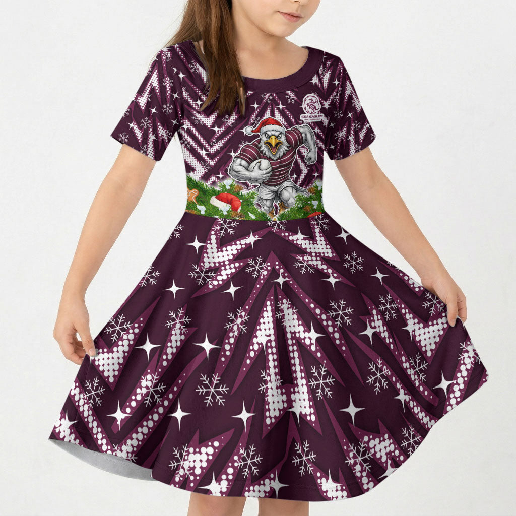 Personalised Sea Eagles Rugby Christmas Kid Short Sleeve Dress Santa Rugby Mascot - Pine Wreath Festive
