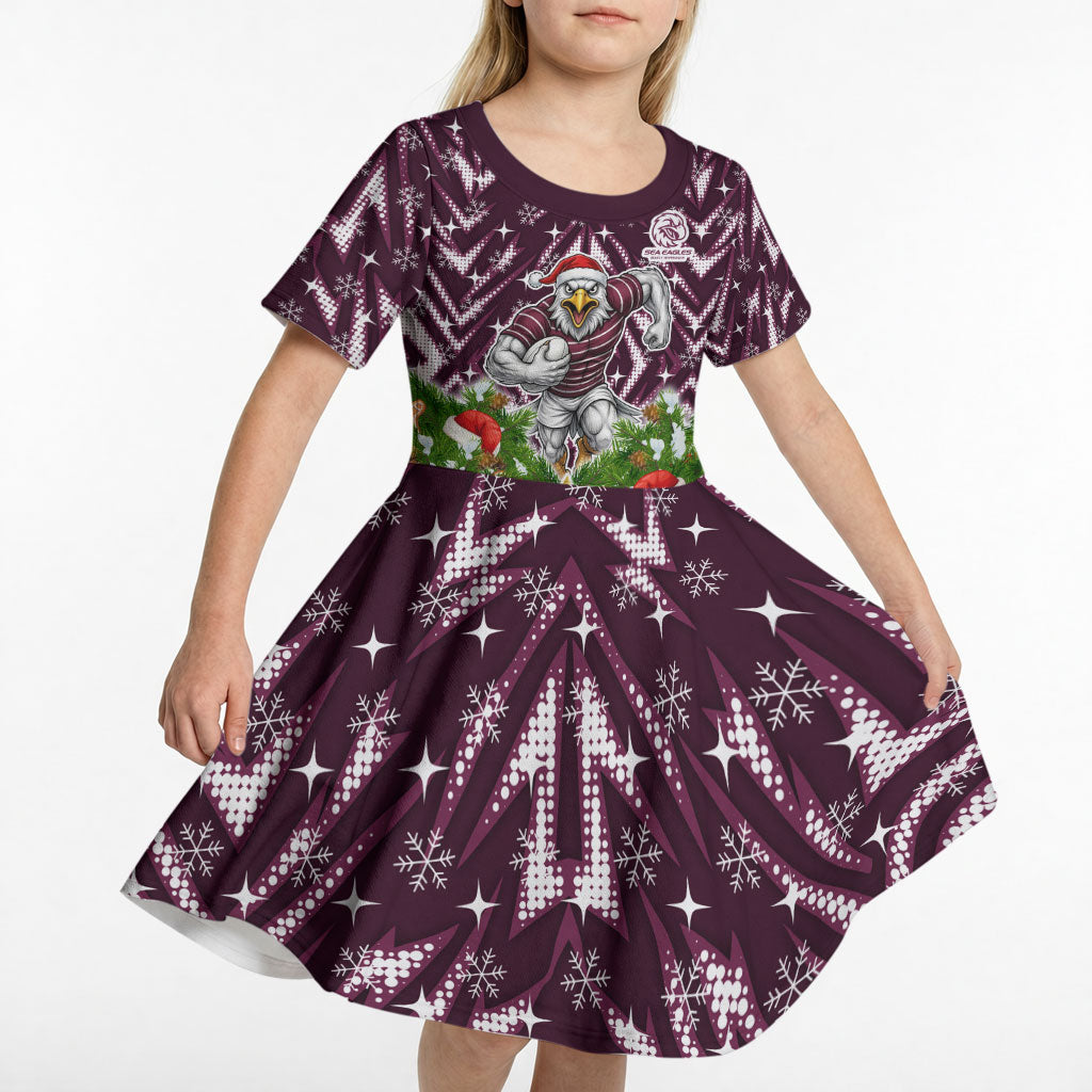 Personalised Sea Eagles Rugby Christmas Kid Short Sleeve Dress Santa Rugby Mascot - Pine Wreath Festive