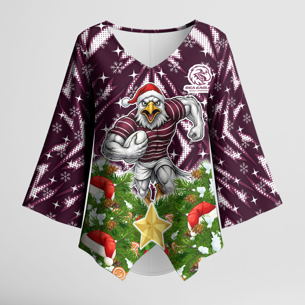 Personalised Sea Eagles Rugby Christmas Kimono Sleeve Blouse Santa Rugby Mascot - Pine Wreath Festive