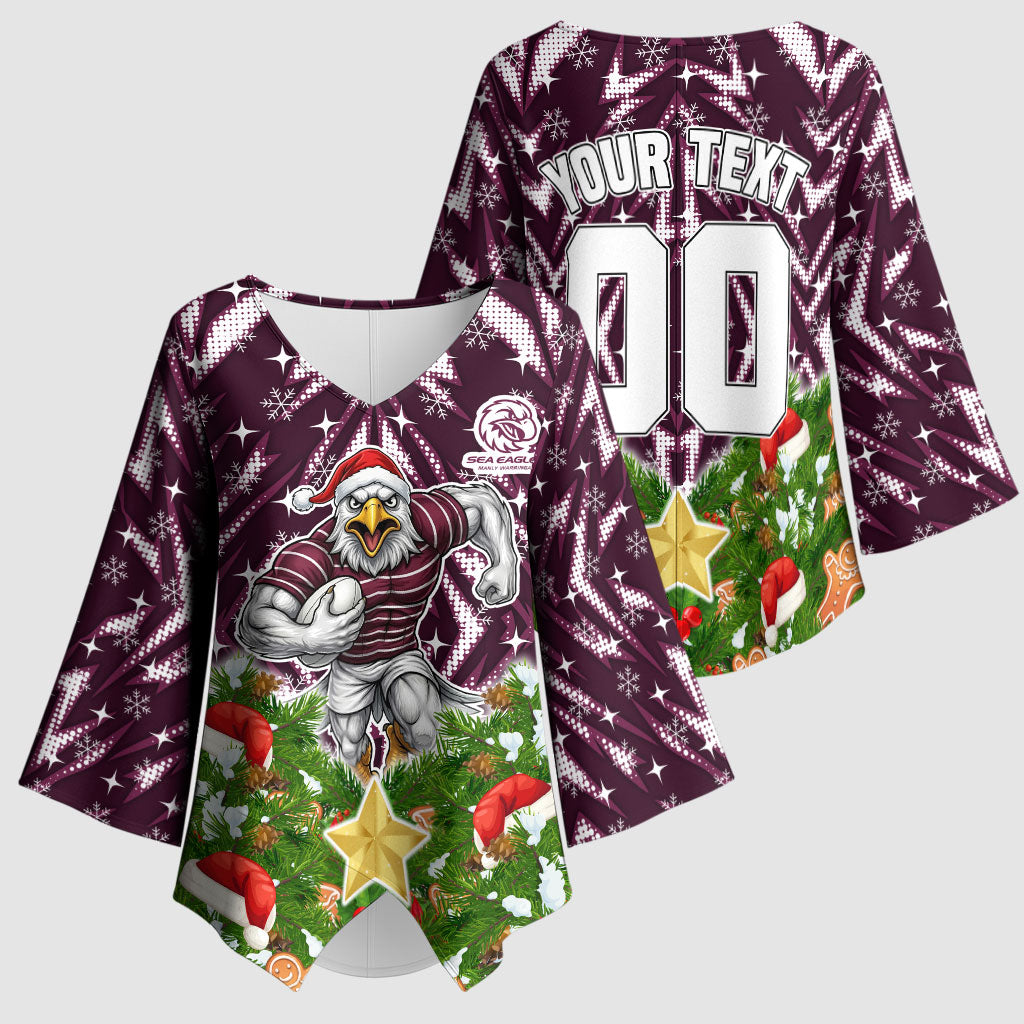 Personalised Sea Eagles Rugby Christmas Kimono Sleeve Blouse Santa Rugby Mascot - Pine Wreath Festive