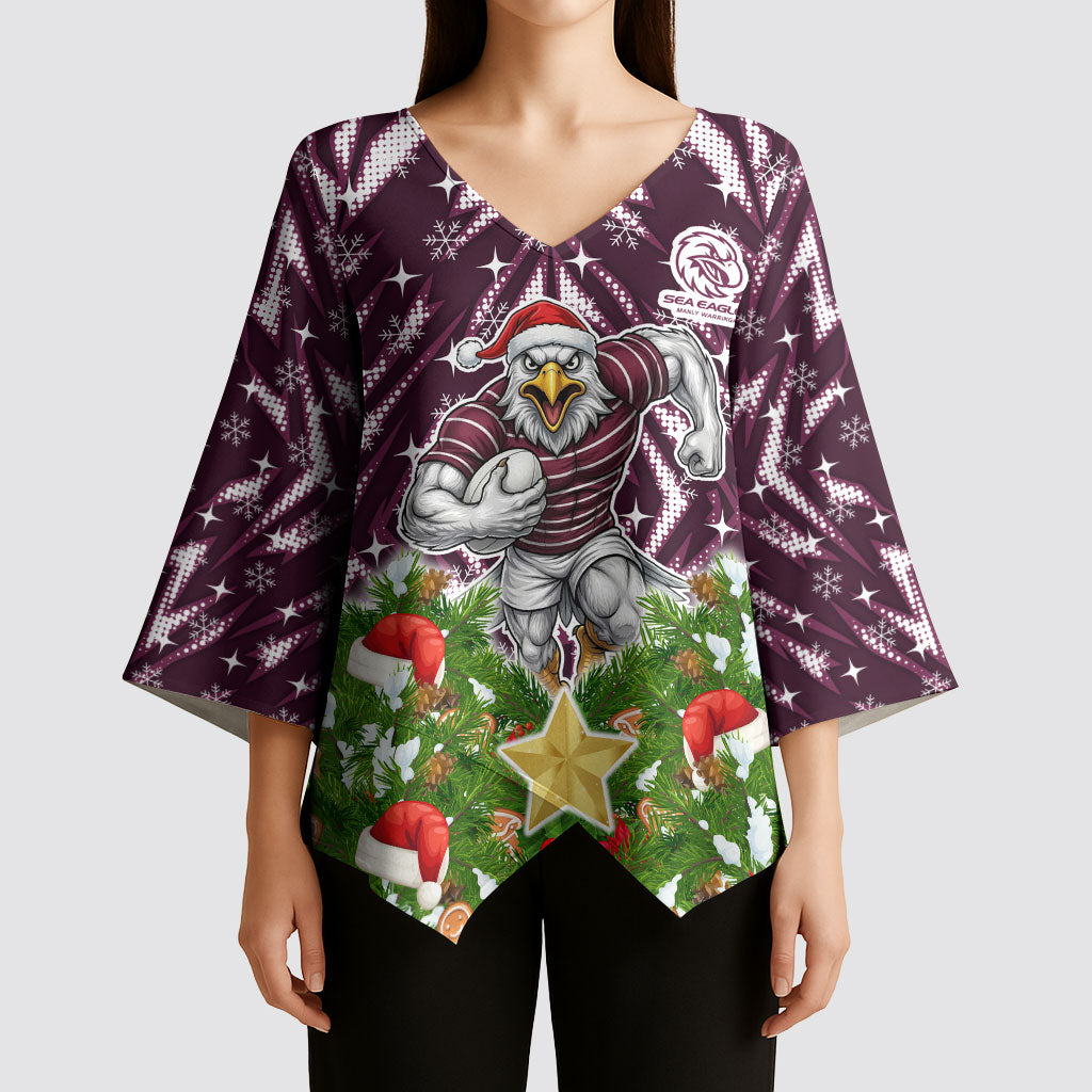 Personalised Sea Eagles Rugby Christmas Kimono Sleeve Blouse Santa Rugby Mascot - Pine Wreath Festive
