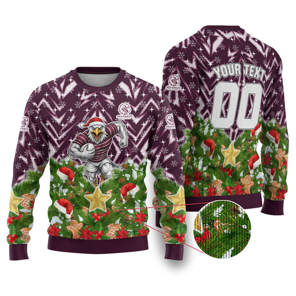 Personalised Sea Eagles Rugby Christmas Ugly Christmas Sweater Santa Rugby Mascot - Pine Wreath Festive