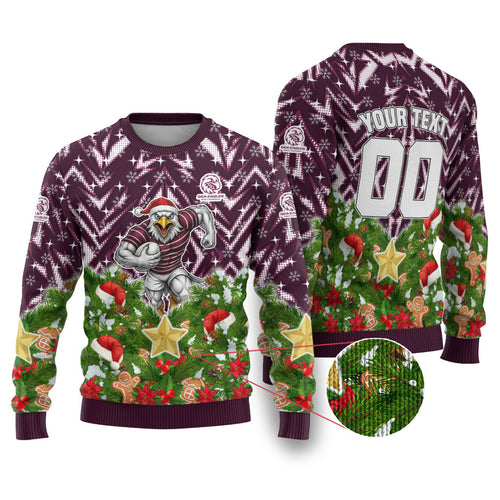 Personalised Sea Eagles Rugby Christmas Ugly Christmas Sweater Santa Rugby Mascot - Pine Wreath Festive