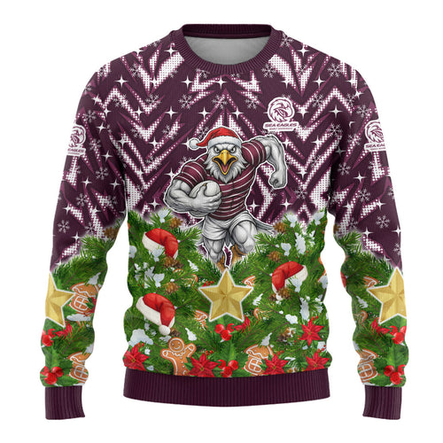 Personalised Sea Eagles Rugby Christmas Ugly Christmas Sweater Santa Rugby Mascot - Pine Wreath Festive