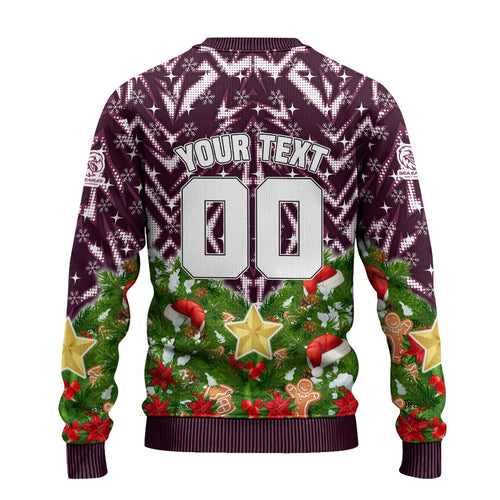 Personalised Sea Eagles Rugby Christmas Ugly Christmas Sweater Santa Rugby Mascot - Pine Wreath Festive