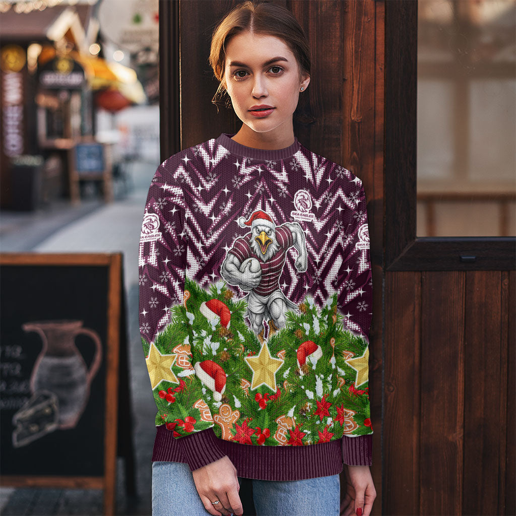 Personalised Sea Eagles Rugby Christmas Ugly Christmas Sweater Santa Rugby Mascot - Pine Wreath Festive