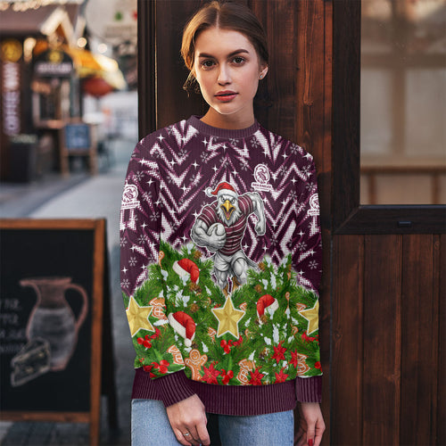 Personalised Sea Eagles Rugby Christmas Ugly Christmas Sweater Santa Rugby Mascot - Pine Wreath Festive